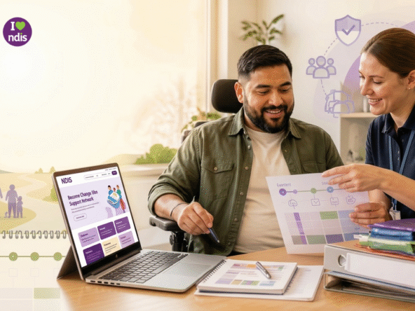 : Participant and provider reviewing information on a laptop— conveys collaboration, guidance, and practical next steps.