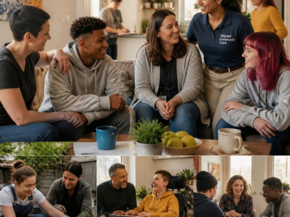 Diverse group of residents and staff sharing supportive moments in a warm residential care home.