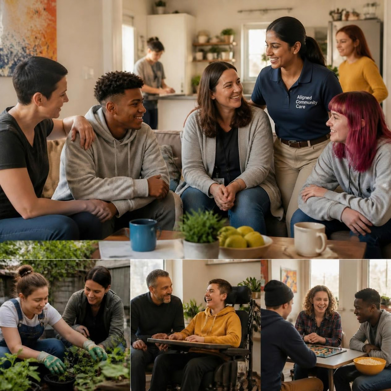 Diverse group of residents and staff sharing supportive moments in a warm residential care home.